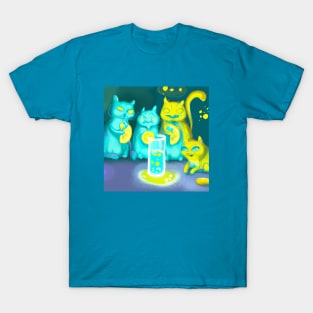 Several Glowing Blue Cats Bring Lemon Offerings to a Glass of Water T-Shirt